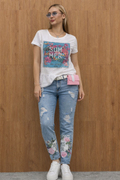 Denim Bloom Chic– Designer Jeans with Belt & Mini Pouch